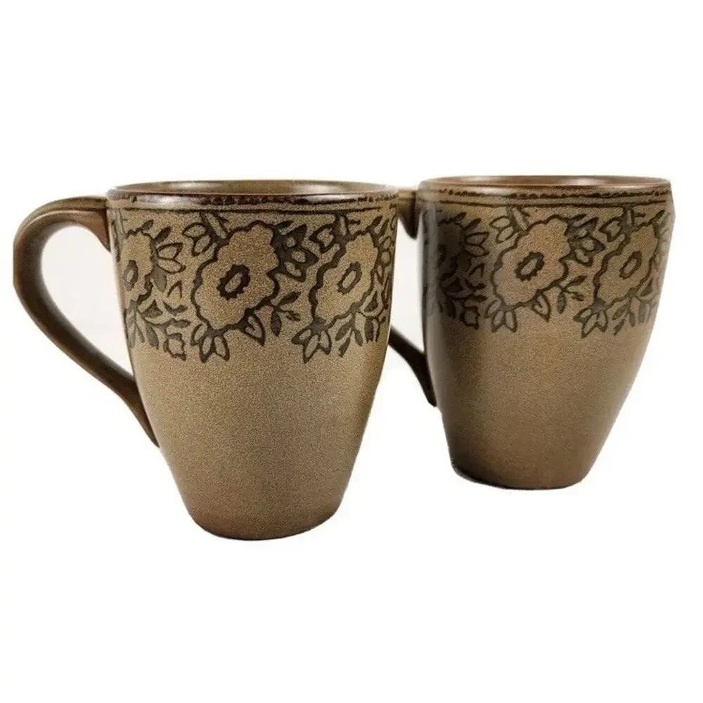 Pier 1 Stoneware Coffee Cups Mugs Brown Green Vintage Boho Floral Set Of 2‎
